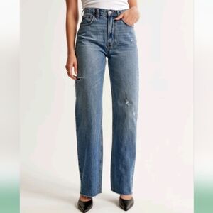 Abercrombie & Fitch High-Rise Straight Leg Distressed Jeans - Medium Blue